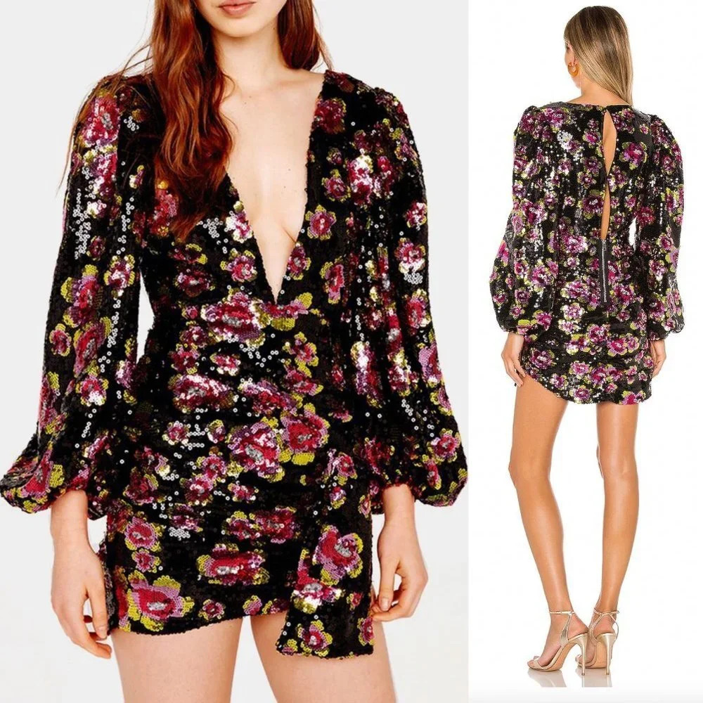 For Love &‎ Lemons Morrison Mini Dahlia Floral Dress Black Sequin Size XS